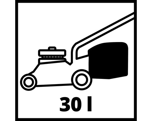 Symbole : Tondeuse à gazon avec volume du panier de ramassage de 30 litres