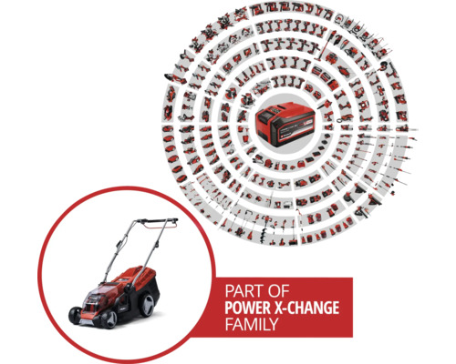 Fait partie de la famille Power X-Change : tondeuse à gazon et batterie entourées d’autres appareils