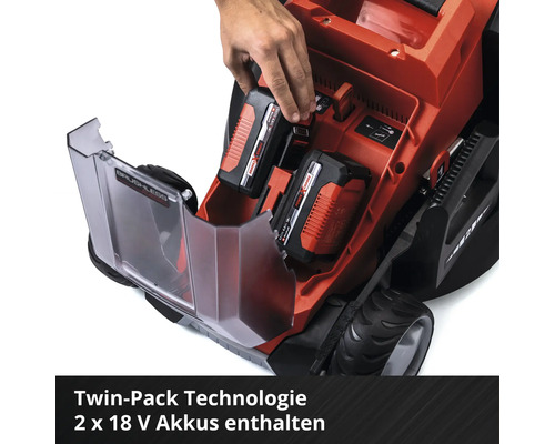 Aufsicht auf einen Rasenmäher mit eingesetzten Akkus