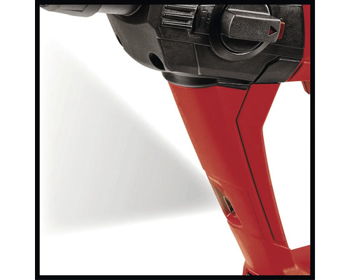 Detailaufnahme einer Bohrmaschine mit rotem Gehäuse und schwarzem Bedienelement