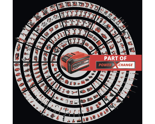 Ein Einhell Akku in einem Ring aus Einhell Werkzeugen, Teil des Power X-Change Systems