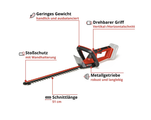 Akku Heckenschere mit 51 cm Schnittlänge, Stoßschutz und drehbarem Griff