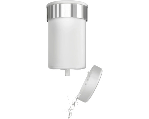 Distributeur de savon blanc avec couvercle ouvert et liquide qui s''échappe