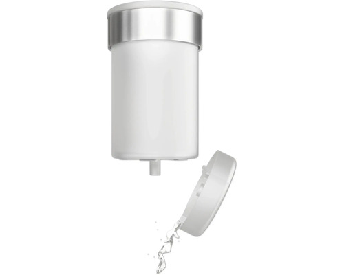 Distributeur de savon avec couvercle ouvert et liquide qui s''écoule