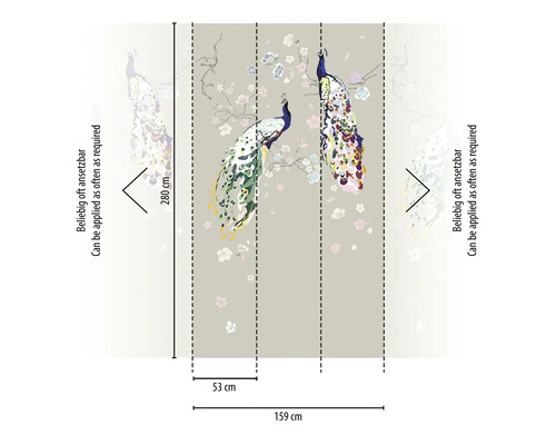 Papier peint avec paons et fleurs, 159 cm de large et 280 cm de haut
