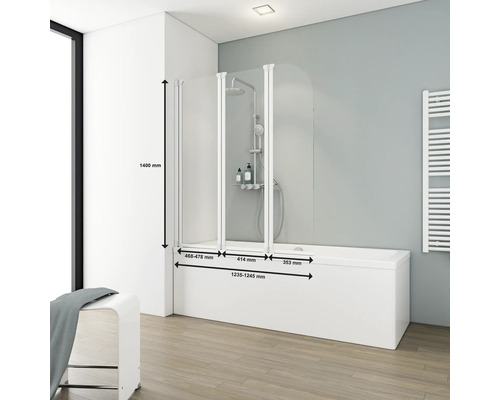 Baignoire avec paroi de douche en verre avec cotes