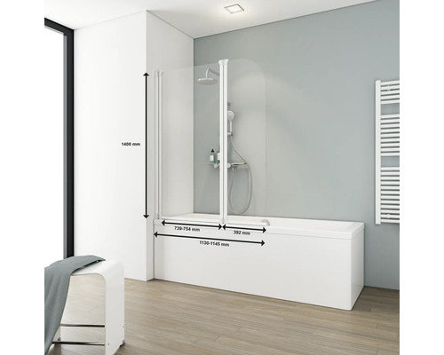 Badewanne mit Duschwand und Maßangaben.