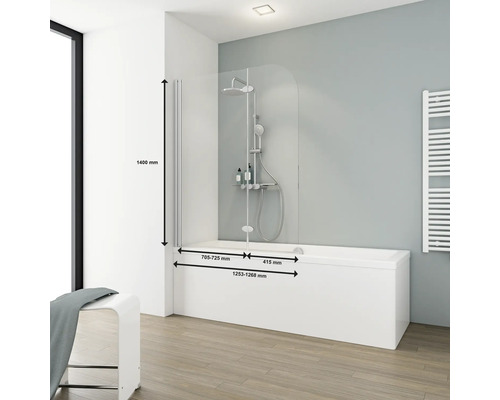 Badewanne mit Badewannenaufsatz aus Glas und Maßangaben