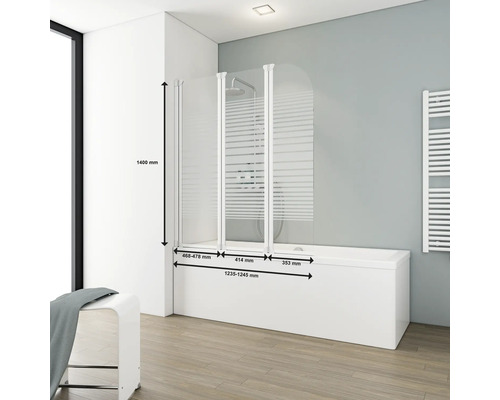 Badewannenaufsatz aus Glas mit drei Elementen und Maßangaben am Beispiel einer Badewanne