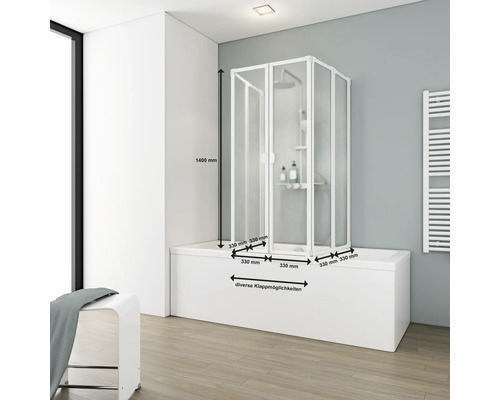 Badewannenaufsatz mit Duschabtrennung und Maßangaben