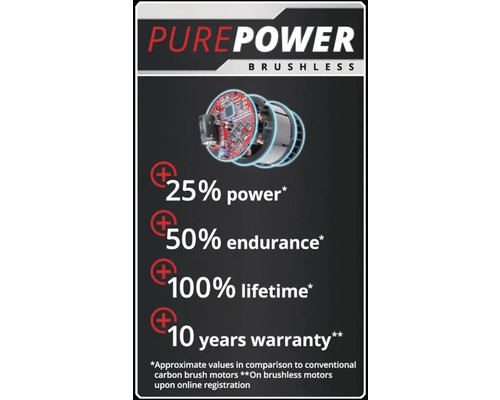 PurePower Brushless mit Informationen zu Leistung, Lebensdauer und Garantie
