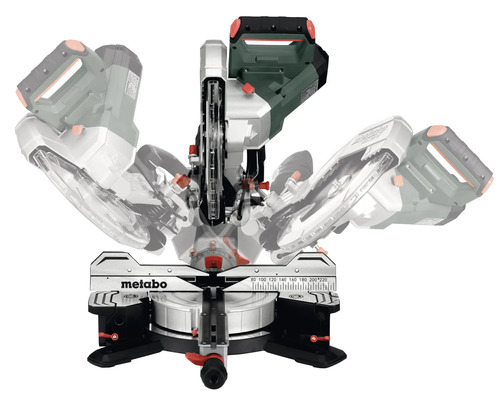 Metabo Logo auf einer Kapp- und Gehrungssäge in verschiedenen Positionen.