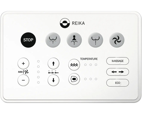 Panneau de commande Reika pour WC douche avec diverses fonctions telles que l''arrêt, le massage et le réglage de la température.