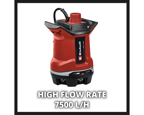 Einhell Logo. Tauchpumpe mit einer Fördermenge von 7500 Liter pro Stunde.