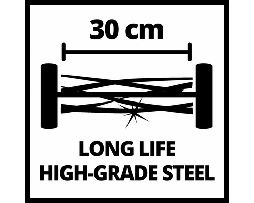 Symbol für Rasenmäher mit 30 Zentimeter Schnittbreite und Stahlmesser für lange Lebensdauer