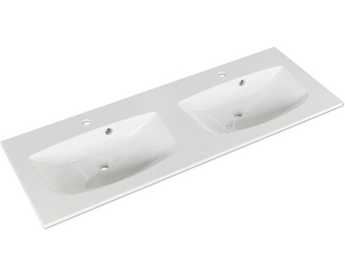 Plan de toilette double en céramique avec deux lavabos et trous de robinet