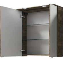 Offener Spiegelschrank aus Holz mit Glasablagen