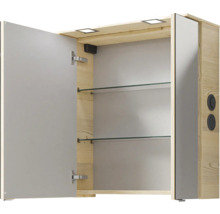 Offener Spiegelschrank mit Holzelementen und Glasablagen