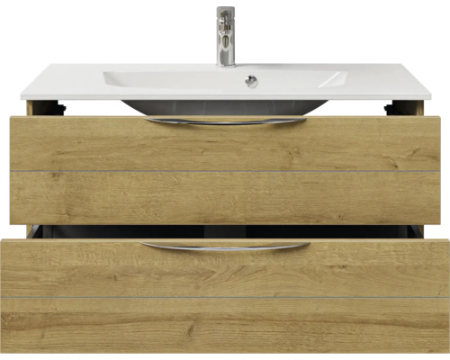 Meuble sous-vasque avec deux tiroirs, lavabo et robinet