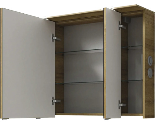 Armoire de toilette ouverte avec étagères en verre