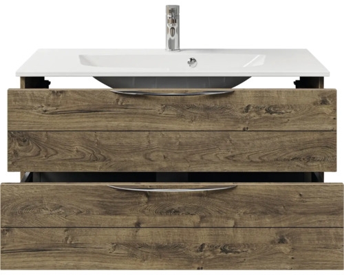 Meuble sous-lavabo avec deux tiroirs, décor bois et vasque à poser