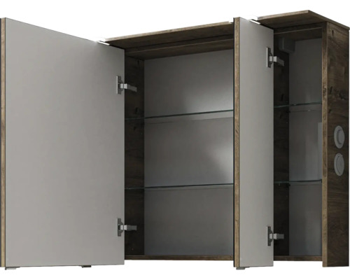 Armoire de toilette ouverte avec étagères en verre