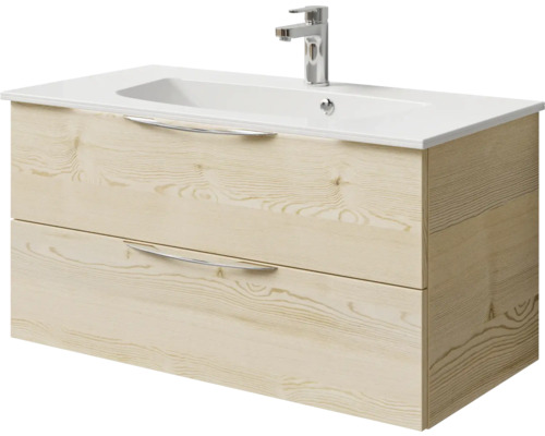 Meuble sous-vasque avec deux tiroirs, vasque à poser et robinetterie