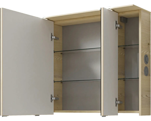 Armoire de toilette ouverte avec étagères en verre