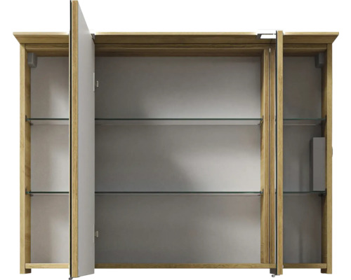 Geöffneter Spiegelschrank mit Glasablagen