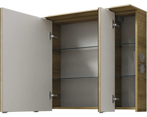 Offener Spiegelschrank mit Holzrahmen und Glasablagen