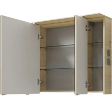 Geöffneter Spiegelschrank mit Holzelementen und Glasböden