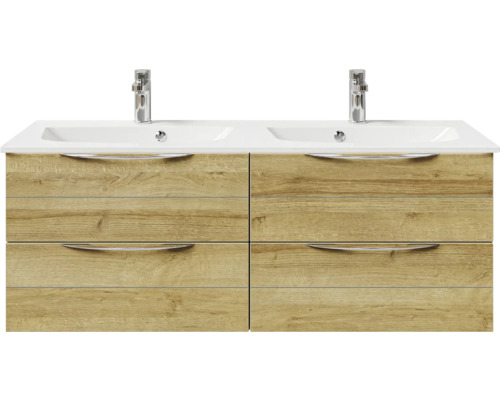 Meuble sous-lavabo avec deux lavabos et quatre tiroirs aspect bois