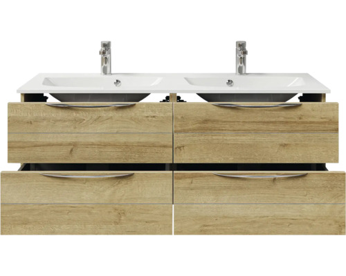Meuble sous-vasque avec deux lavabos, quatre tiroirs et décor en bois