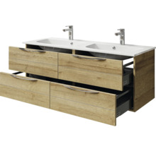 Waschtischunterschrank mit zwei Waschbecken, Holzdekor und Schubladen