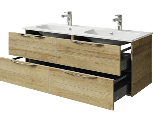 Meuble sous-vasque avec deux lavabos, décor bois et tiroirs