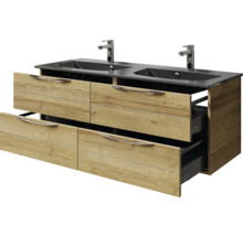 Waschtischunterschrank mit zwei Waschbecken und Holzoptik