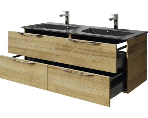 Meuble sous-lavabo avec deux lavabos et aspect bois