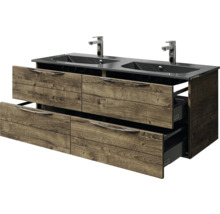Waschtischunterschrank mit zwei Waschbecken, Armaturen und Holzfronten mit Schubladen