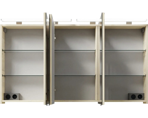 Armoire de toilette ouverte avec trois portes et étagères en verre