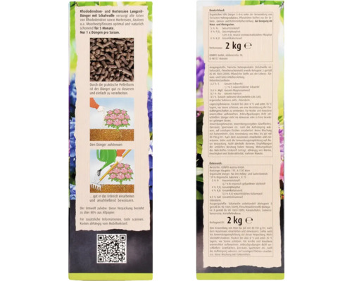 Engrais longue durée pour rhododendrons et hortensias avec de la laine de mouton dans un emballage de 2 kilogrammes.