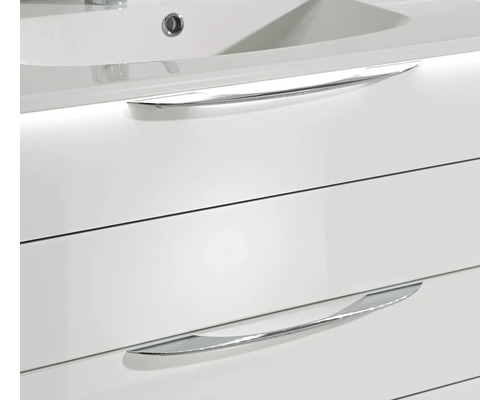Gros plan d''un meuble sous-lavabo blanc avec deux tiroirs et poignées