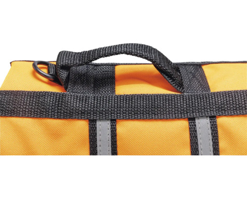 Détail d''un gilet de sauvetage avec poignée, anneau en D et bandes réfléchissantes