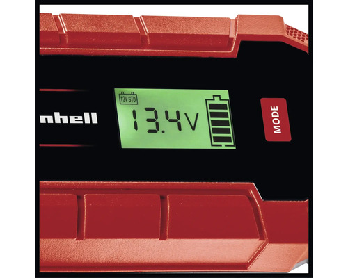 Einhell Logo. Detailansicht Batterieladegerät mit digitaler Anzeige.