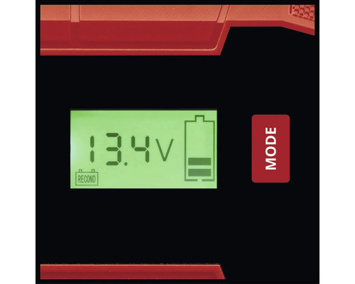 Anzeige eines Batterieladegeräts mit 13.4 Volt und einem Batteriesymbol.
