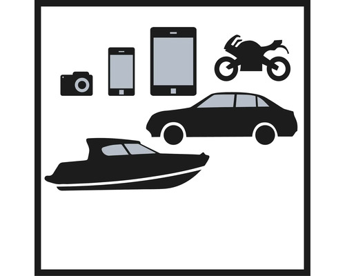 Symbolische Darstellung von Kamera, Mobiltelefon, Tablet, Motorrad, Auto und Boot