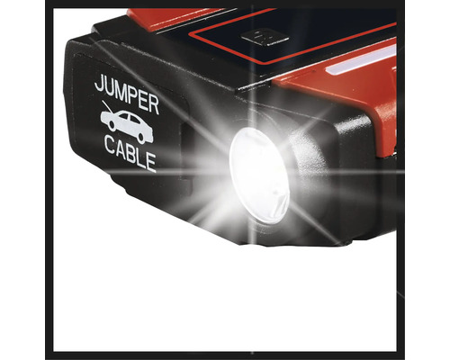 Detailaufnahme einer Starthilfe mit integrierter Lampe und dem Symbol für Überbrückungskabel