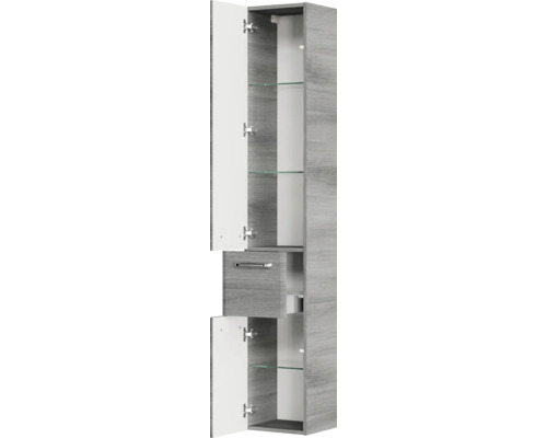 Hochschrank mit zwei Türen, einer Schublade und Glaseinlegeböden