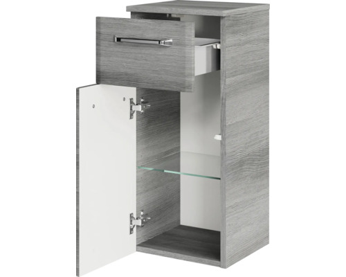 Hängender Badschrank mit Schublade, offener Tür und Glasregal