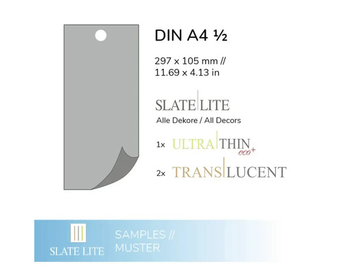 Échantillon Slate Lite au format DIN A4 réduit de moitié avec indication de la taille