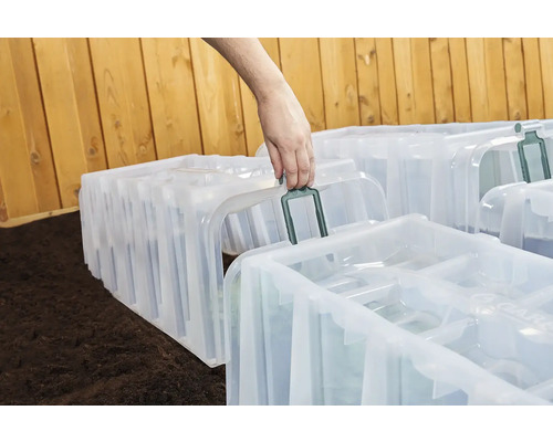 Mehrere Zimmergewächshäuser aus Kunststoff auf Erde mit einer Hand, die einen Griff hält